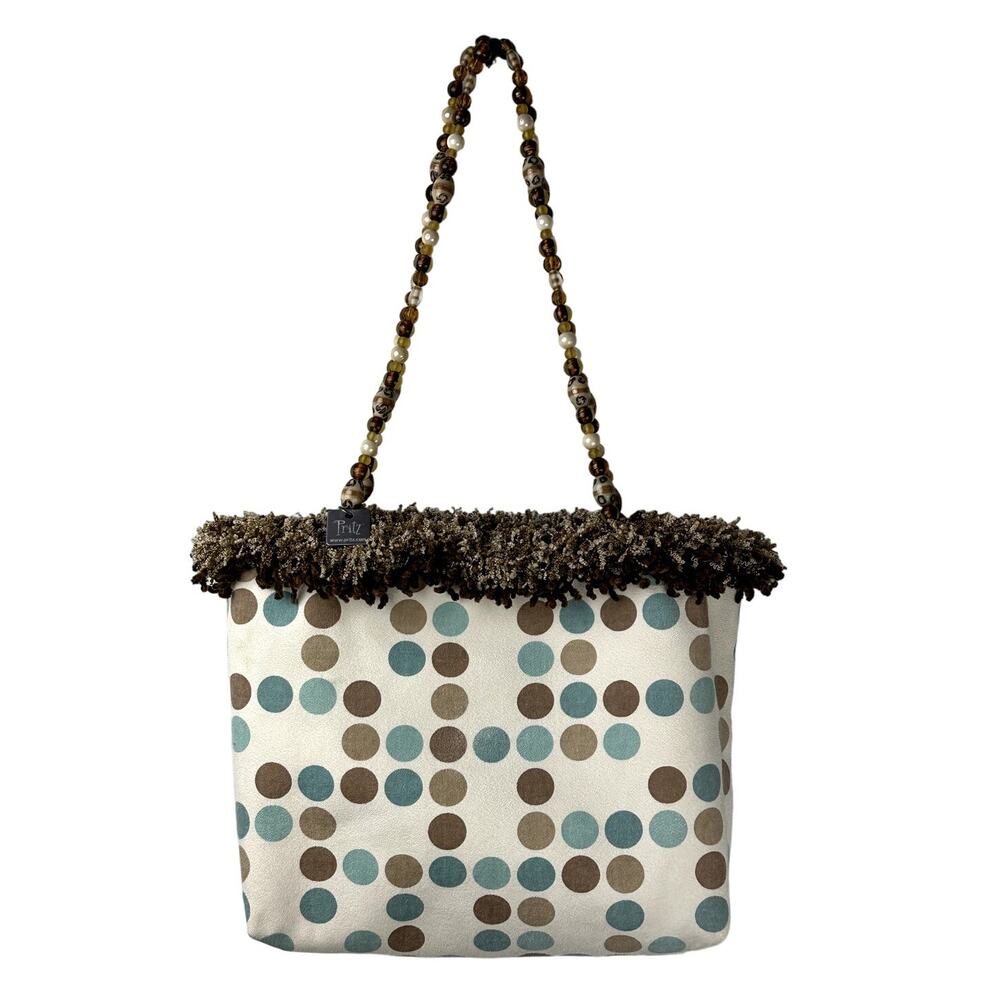 Pritz Reversible Polka Dot Brown Natural Glass Bead Handle Fabric Handbag Purse